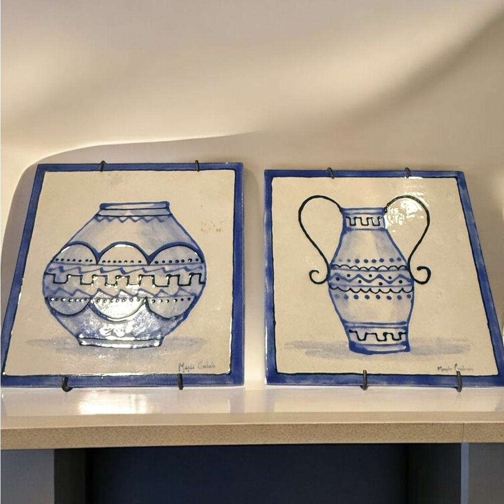 Pair Of Vintage Hand Painted Blue Vase Tiles By Magda Csihas. Signed